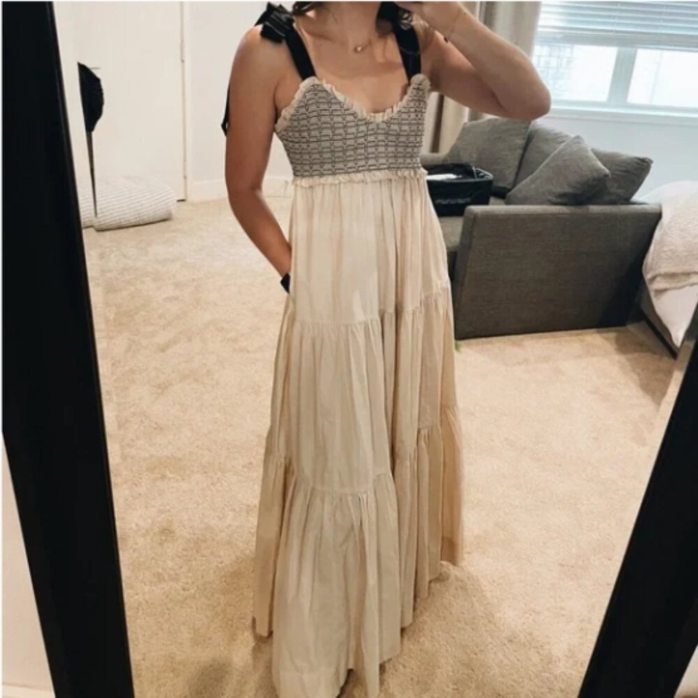 Beige Sleeveless Tiered Colorblock Maternity Maxi dress